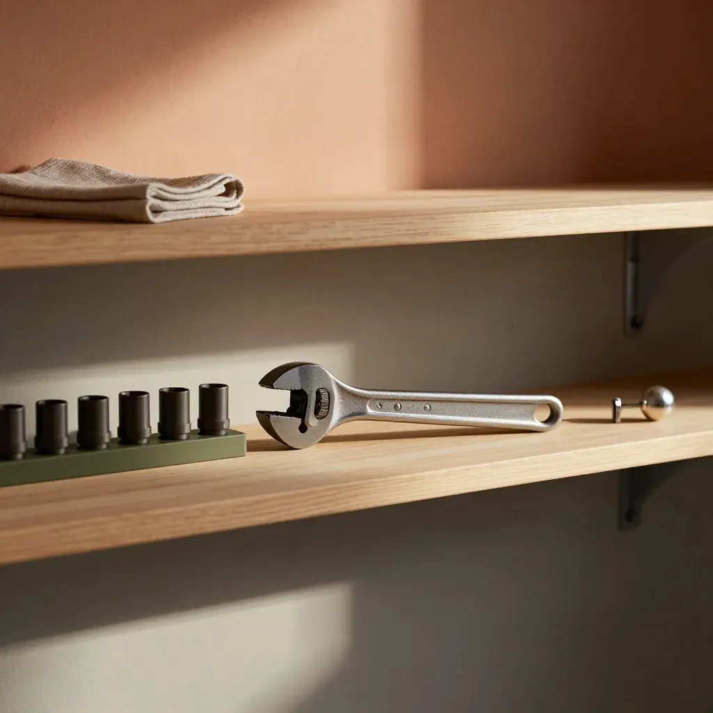 Torque wrench and socket rail on a warm workshop shelf in soft afternoon light