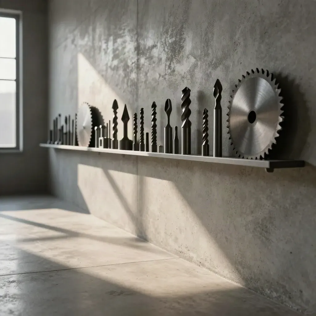 Sunlit concrete corridor with cutting-tool silhouettes high on the wall and open floor below.