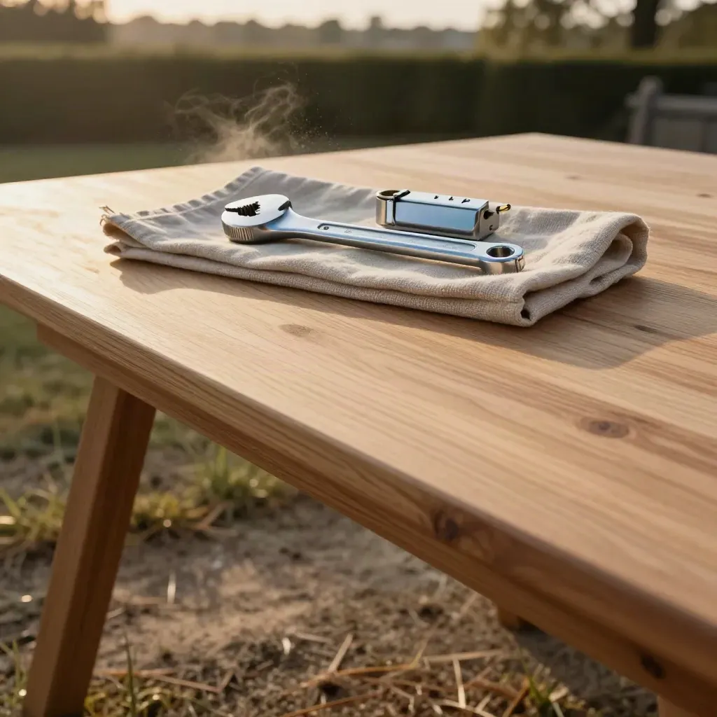 Cedar tabletop by a windswept yard with a cloth roll, tool case, and torque wrench in golden light.