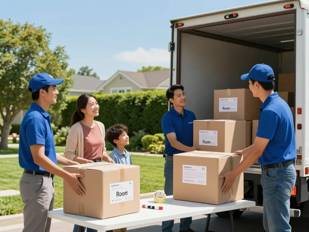 Professionelle Umzugshelfer unterstützen eine Familie bei ihrem Umzug, indem sie Kisten packen und den Service der Umzugsunternehmen Hannover präsentieren.
