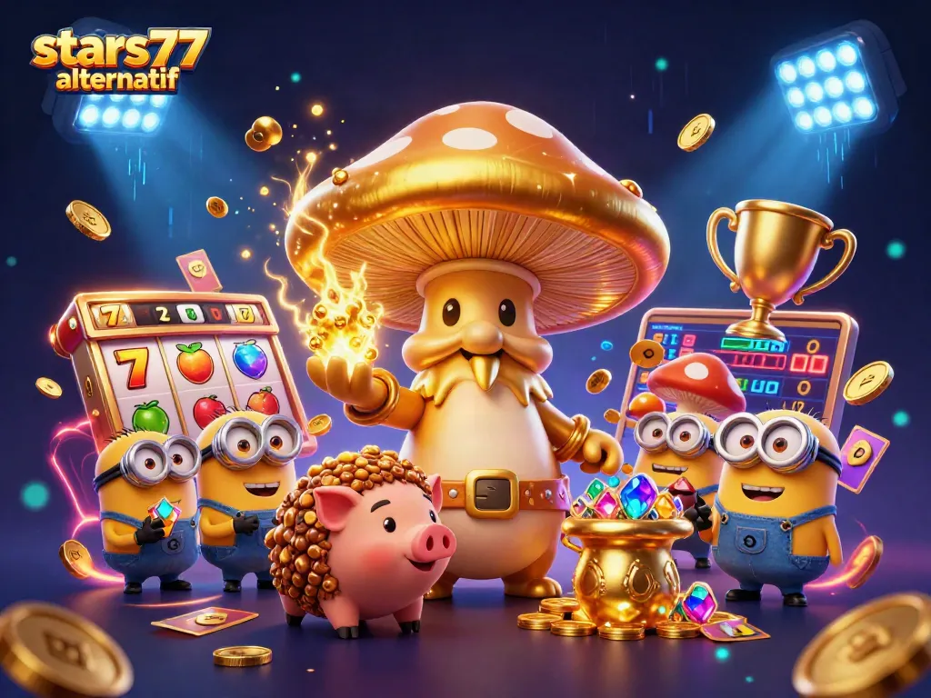 Menggandakan kegembiraan dalam permainan slot dengan stars77 alternatif, menemukan harta karun emas bersamaan dengan karakter menawan dalam ilustrasi 3D.