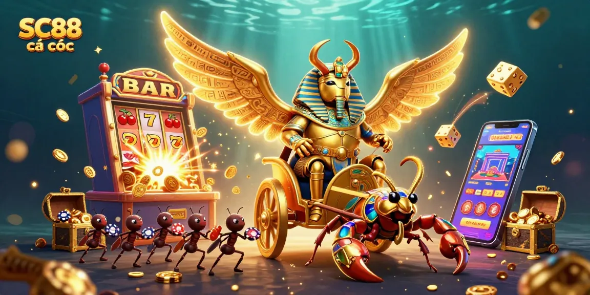 Experience SC88 cá cược with vibrant casino elements and a dynamic golden scarab scene.