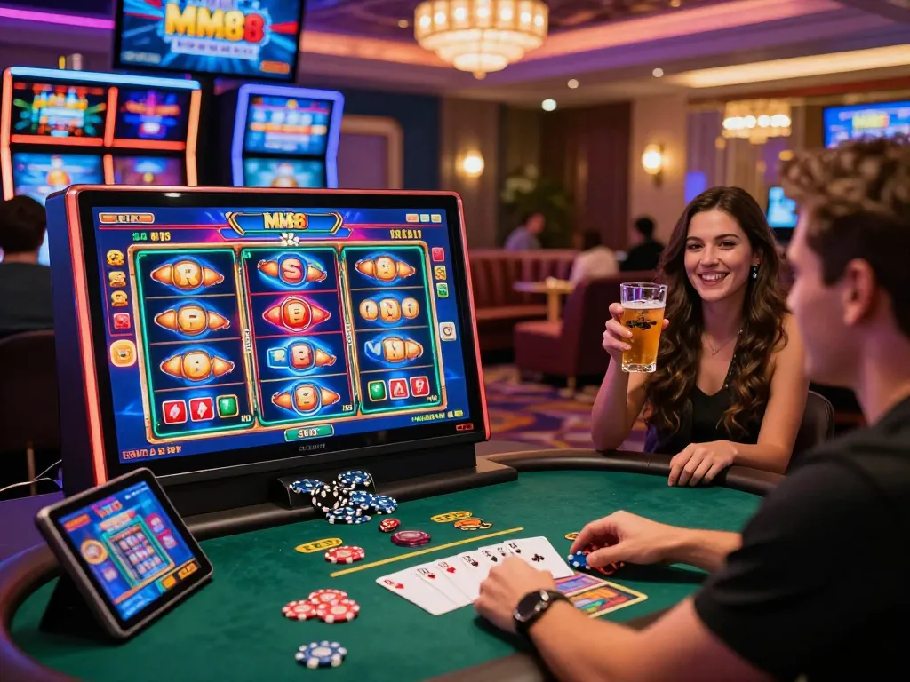 MM88 gaming excitement with vibrant online casino atmosphere and friends celebrating wins.