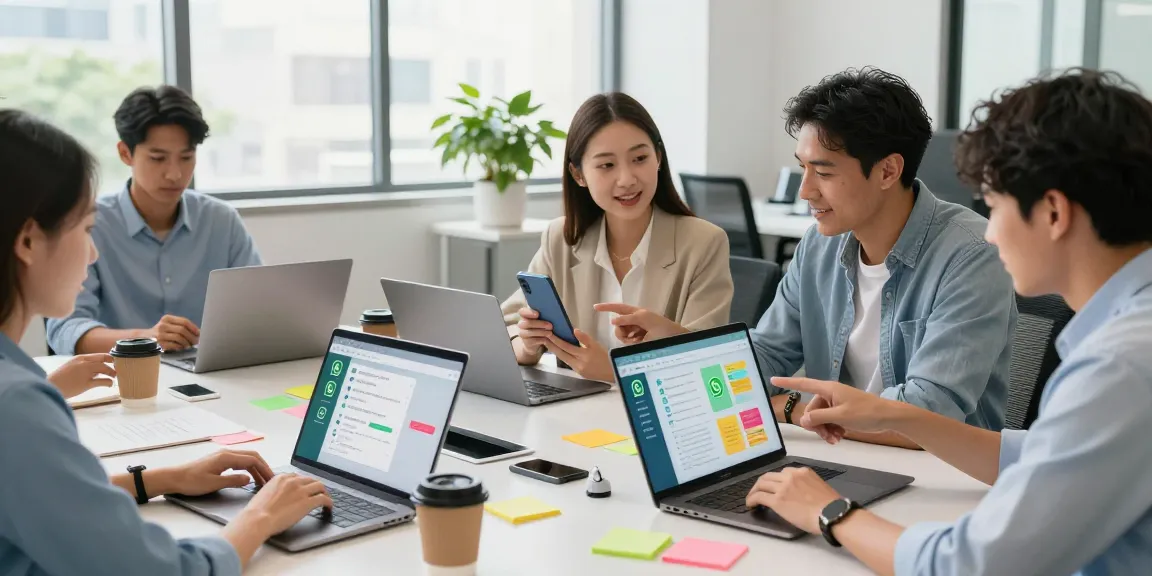 A professional workspace showcasing WhatsApp網頁版 usage with team collaboration.