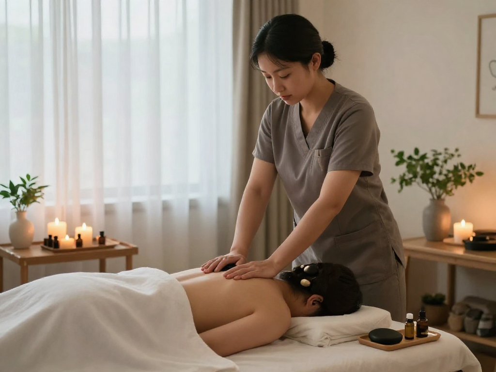 Relaxing 성남출장마사지 therapy in a serene home setting, showcasing a professional massage therapist in action.