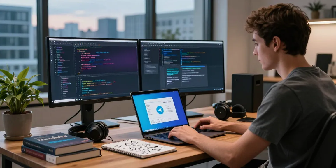 Telegram download in a modern workspace with a developer coding on a laptop