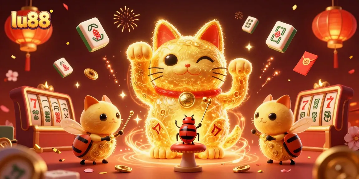 Experience the excitement of lu88 with a vibrant golden lucky cat, slot symbols, and festive decorations