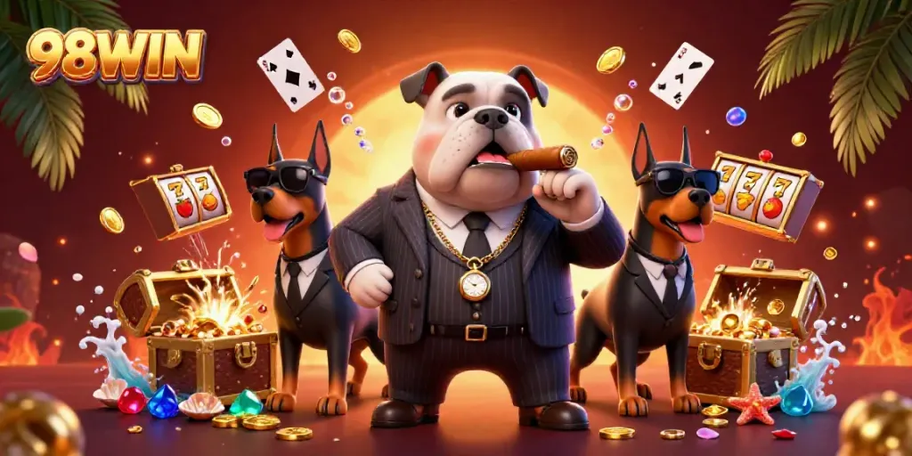 98WIN showcases animated casino scene with a mafia bulldog and dynamic gambling elements.