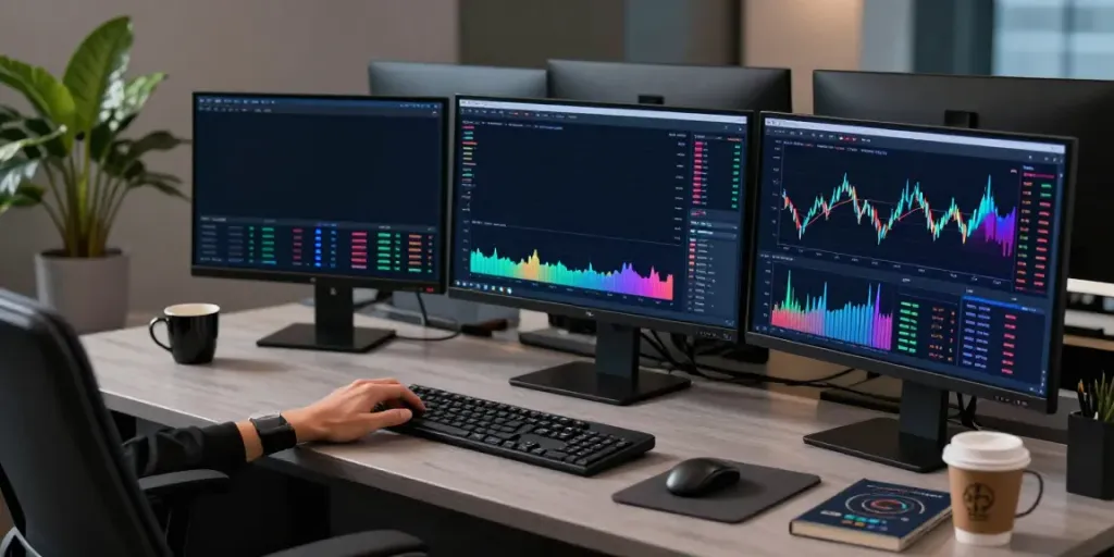 Individual analyzing Quantum AI trading trends on multiple screens in a modern workspace.
