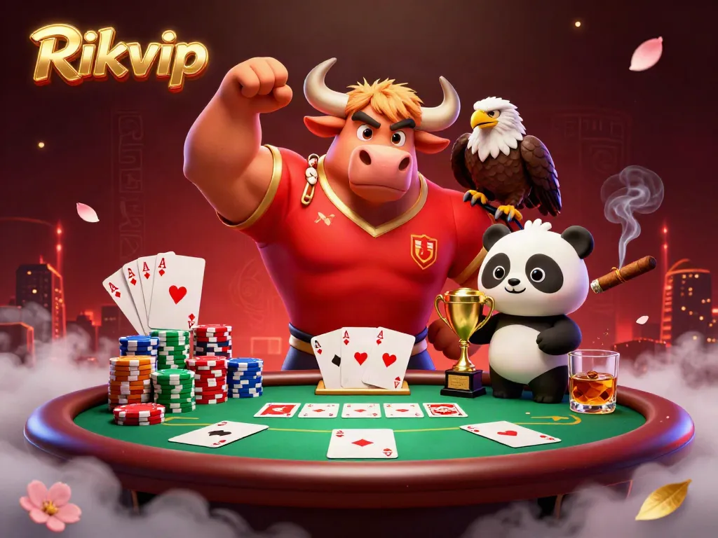Engage with Rikvip in an exciting scene featuring a bull mascot, eagle champion, and trophy panda amidst colorful poker elements.