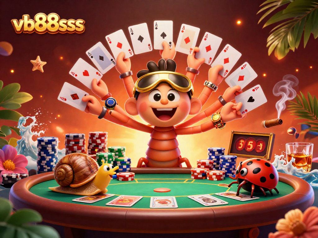 Engage in thrilling betting with vb88sss at an action-packed poker scene featuring a dynamic 3D cartoon dealer and players.