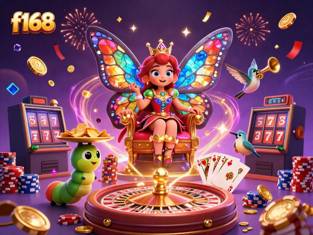 Win big at f168 with a 3D illustration featuring a butterfly queen, poker chips, and slot machine reels.