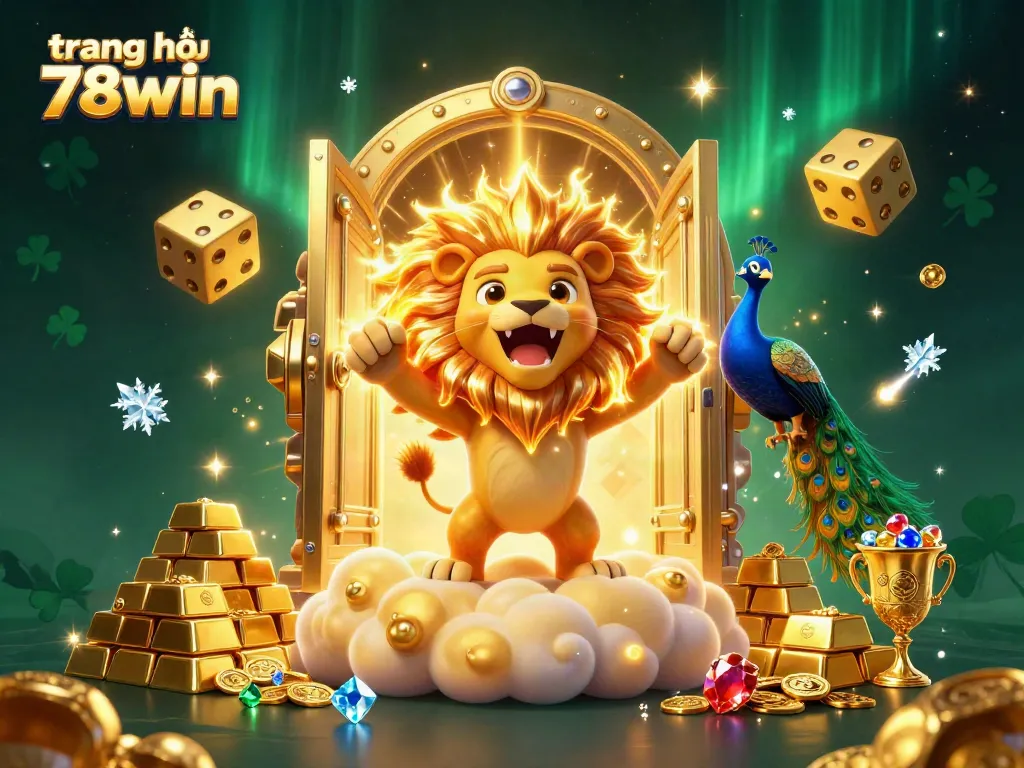 Experience the excitement at trang chủ 78win with a 3D lion character roaring amidst treasures and casino elements.