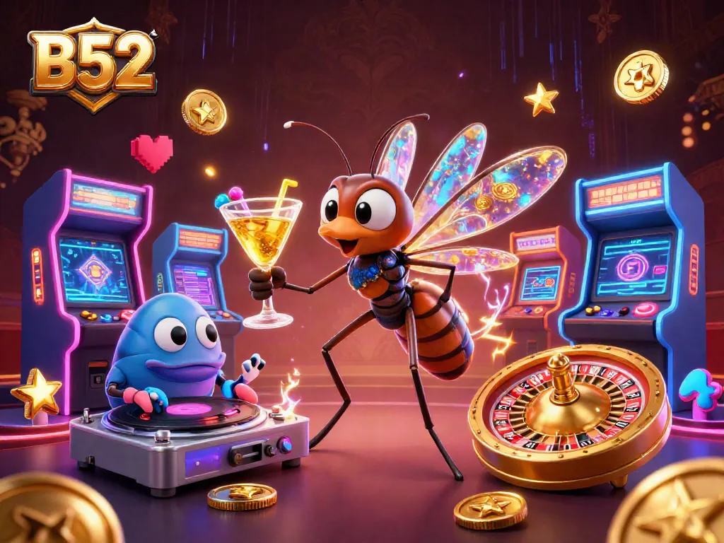 Engage with the vibrant B52 casino world featuring a lively mosquito mascot and unique game elements.