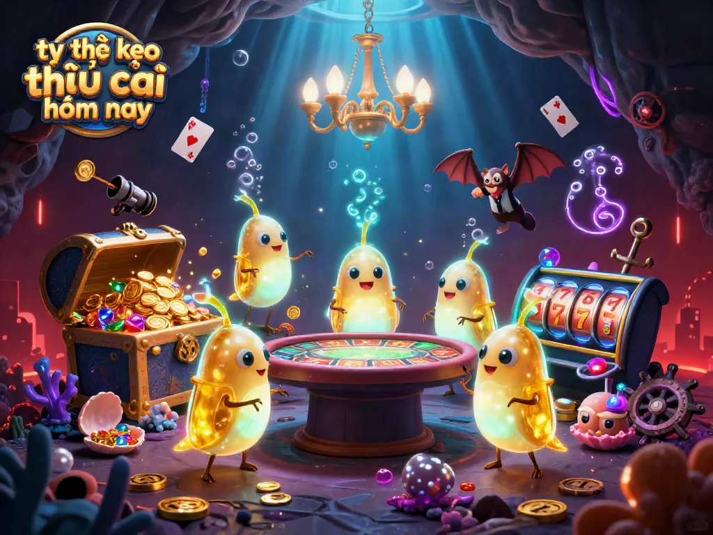 Engagingly portray tỷ lệ kèo nhà cái hôm nay amidst a captivating 3D casino scene illuminated by colorful glowworms.