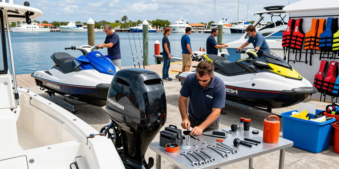 Boat repairs in progress at a scenic marina, showcasing skilled technicians and vibrant marine equipment.