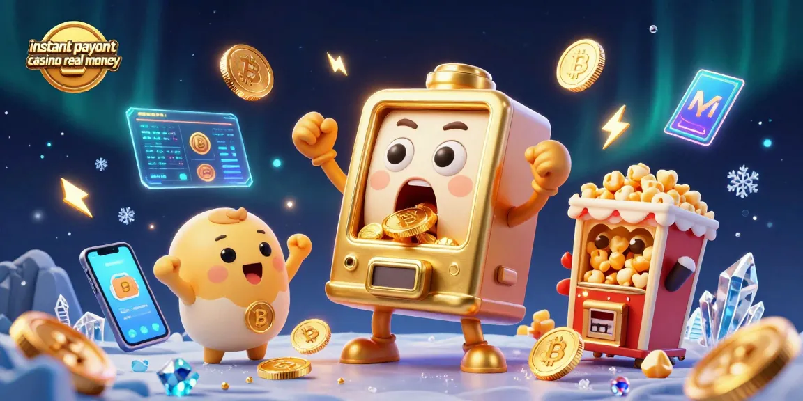Play at an instant payout casino real money with golden slot machines and crypto elements celebrating a jackpot.