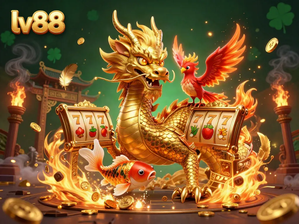 Experience excitement with the golden dragon and phoenix in a vibrant lv88 casino scene filled with coins and winning reels.