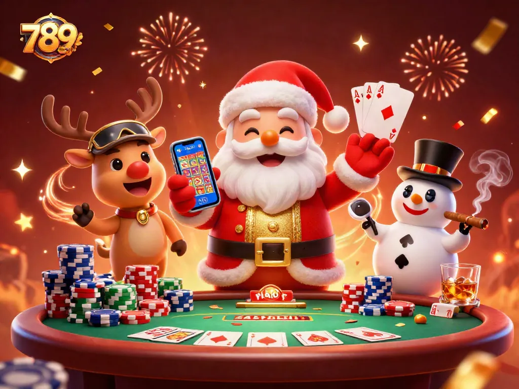 Play jackpot slots with 789CLUB while enjoying a vibrant casino scene featuring Santa and friends.