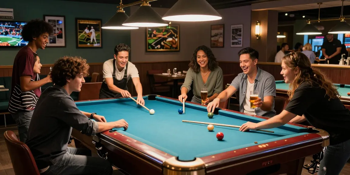 Pool tables Mississauga scene at Crooked Cue with friends enjoying games and drinks in a vibrant atmosphere.