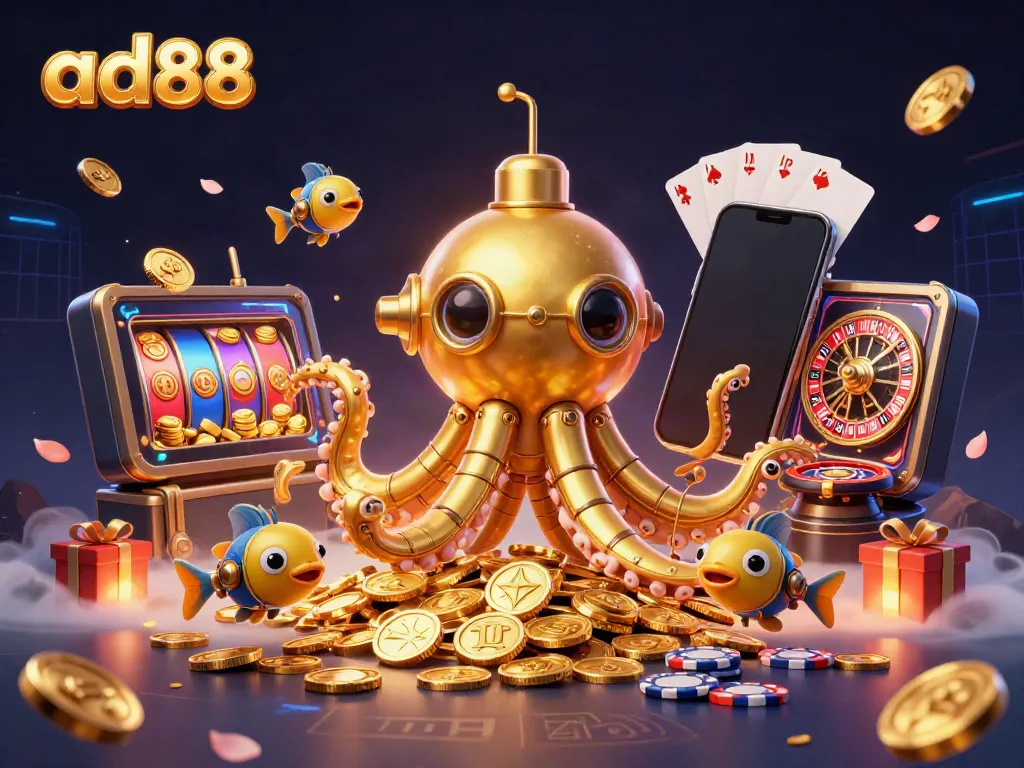 Experience thrills with ad88 as the golden kraken submarine dominates a rich sea of coins and games.