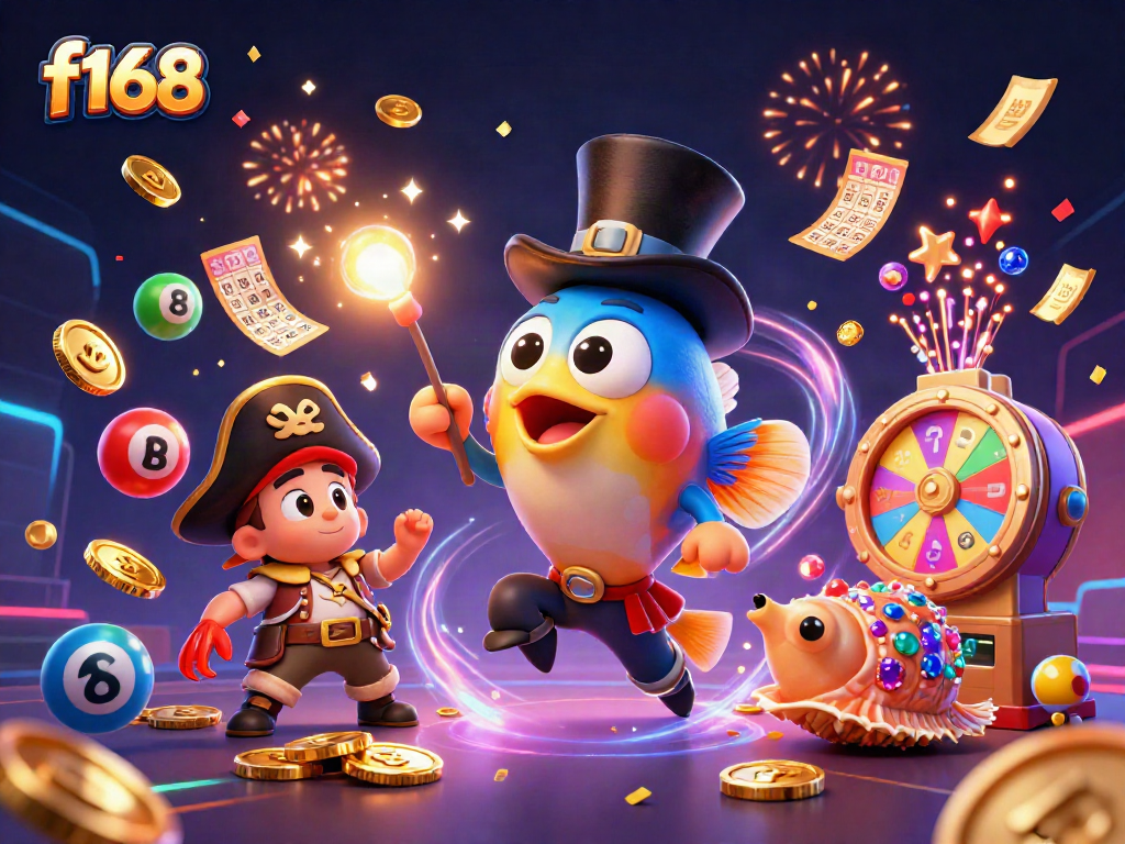 Experience thrilling gaming with f168 featuring colorful lottery elements in a vibrant casino scene.