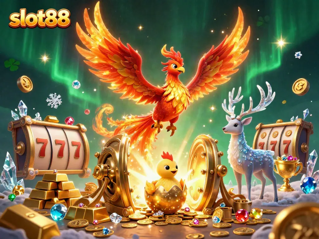 Spin the reels and win with slot88's vibrant casino illustration featuring a phoenix and jewels.