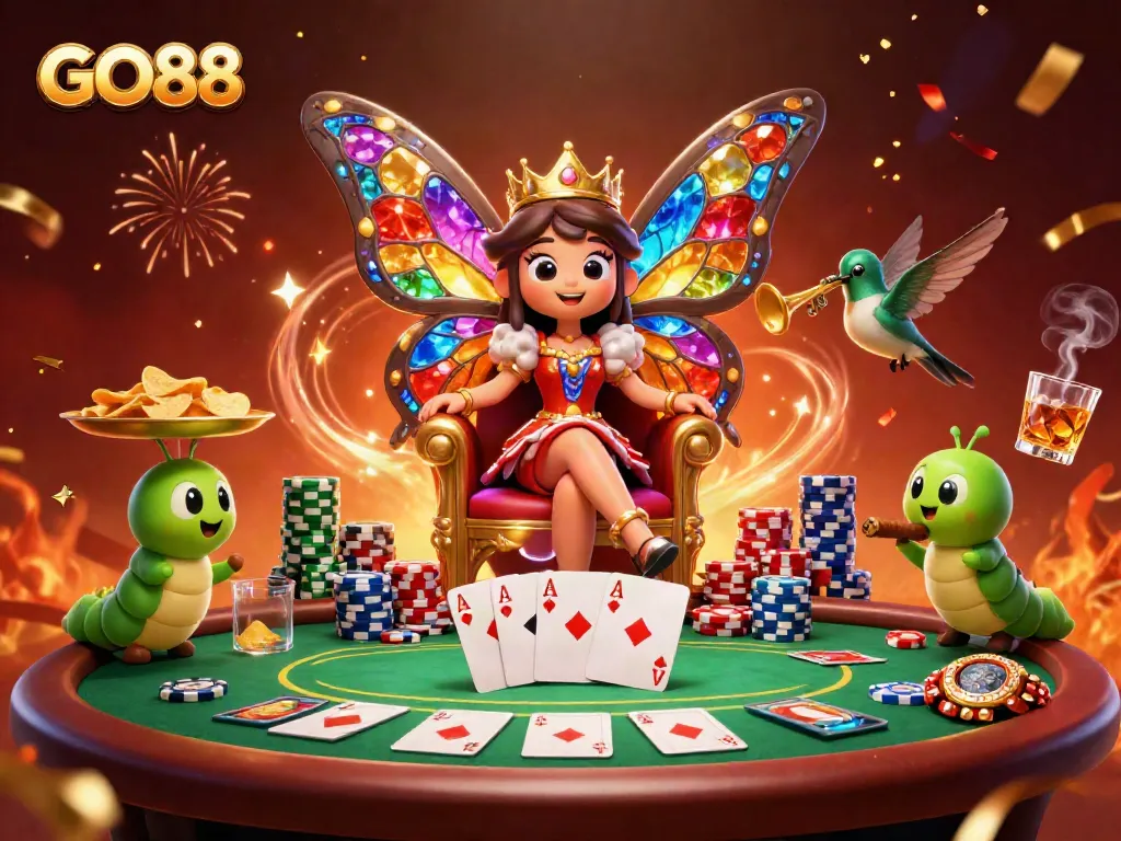 Experience thrilling gaming at GO88 with a vibrant casino scene showcasing a majestic butterfly queen and poker elements.