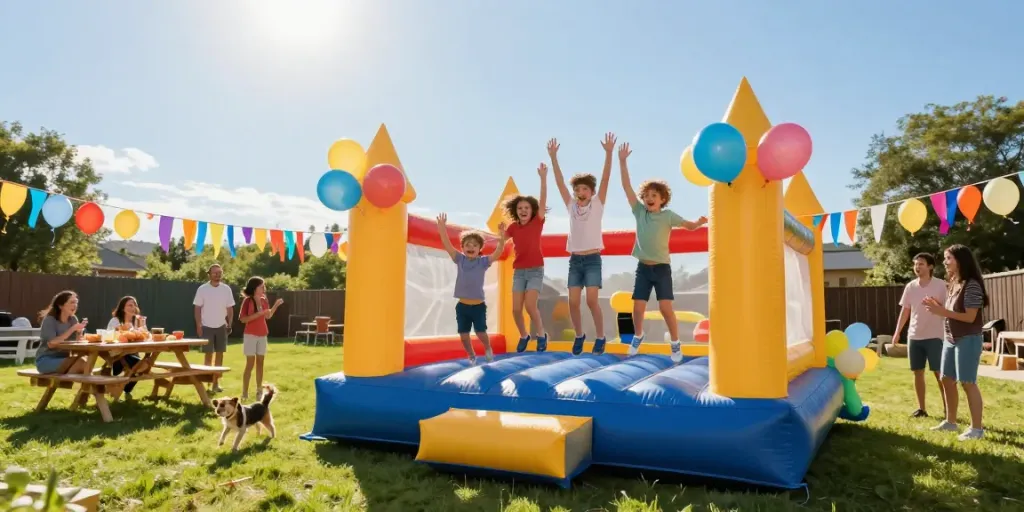 Children joyfully jumping in a vibrant bounce house during a sunny outdoor party
