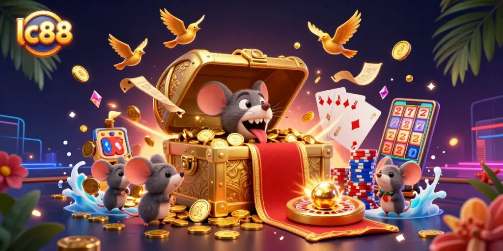 Engage with lc88's thrilling adventures featuring a golden treasure chest and casino elements.
