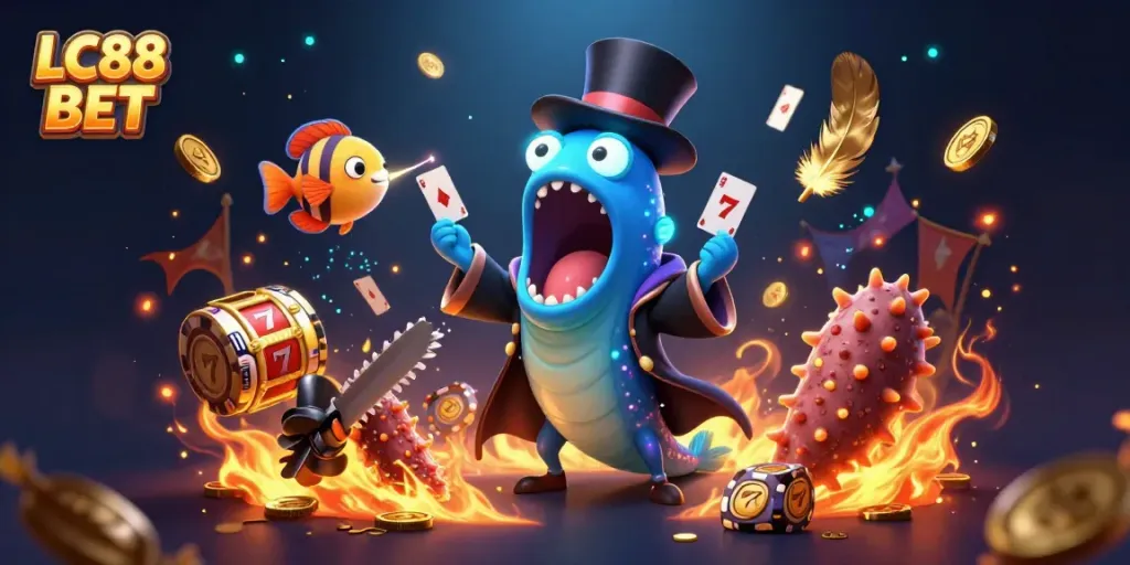 Experience the excitement at LC88 BET with a 3D deep-sea gaming spectacle featuring unique characters and slot elements.