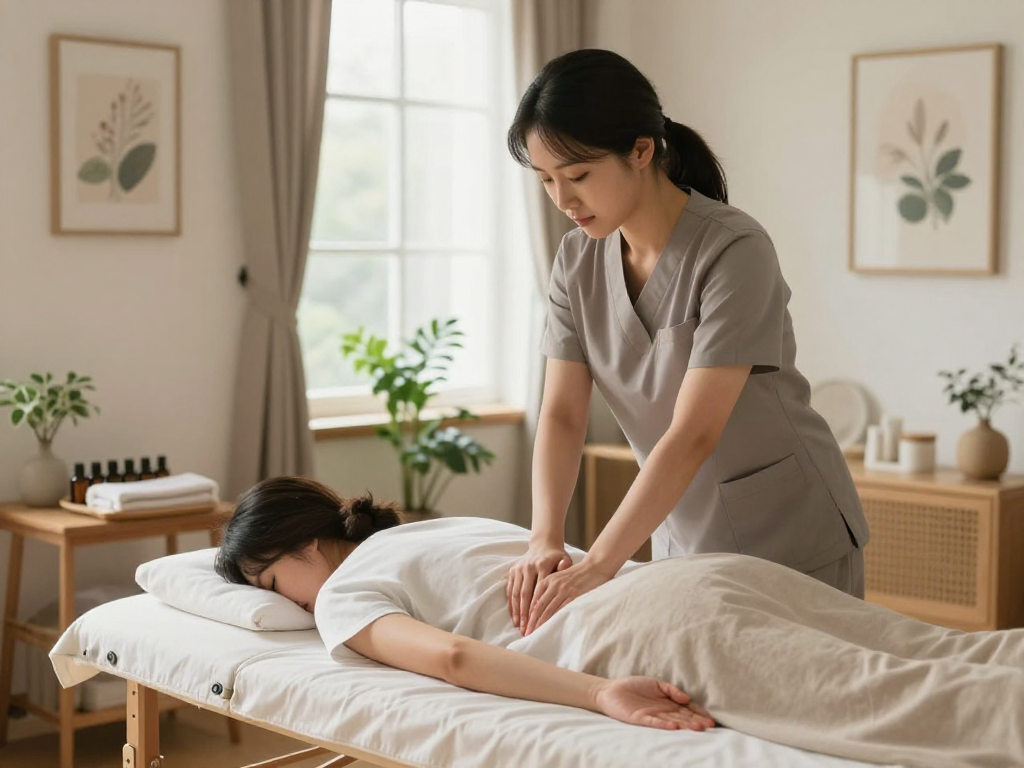 부천출장안마: Professional massage therapist providing a relaxing session in a cozy, well-lit home environment.