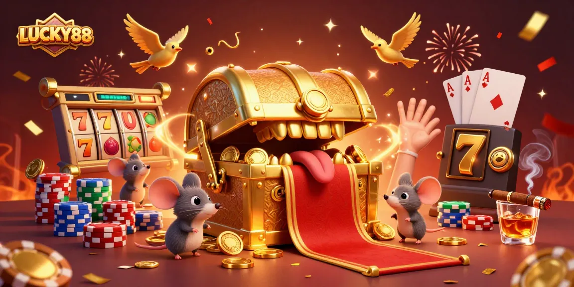 Experience the excitement of LUCKY88 with a dynamic 3D illustration of treasure and slot game elements.