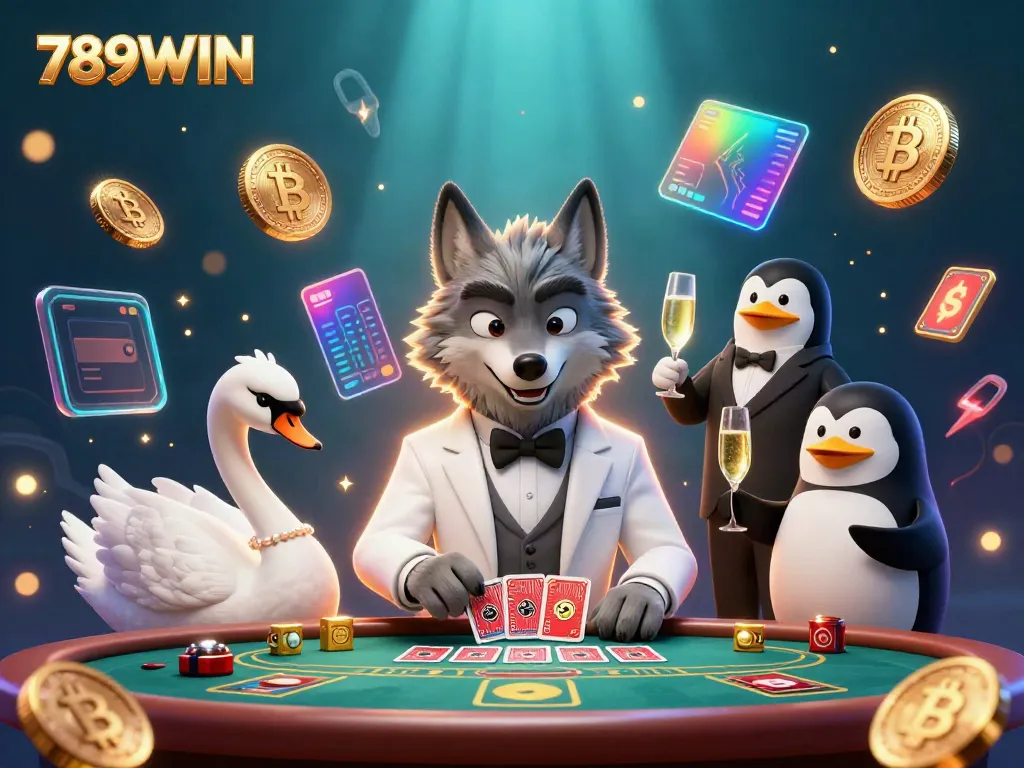 Engage in exciting baccarat with 789WIN featuring a wolf, swan, and penguin in a vibrant casino scene.