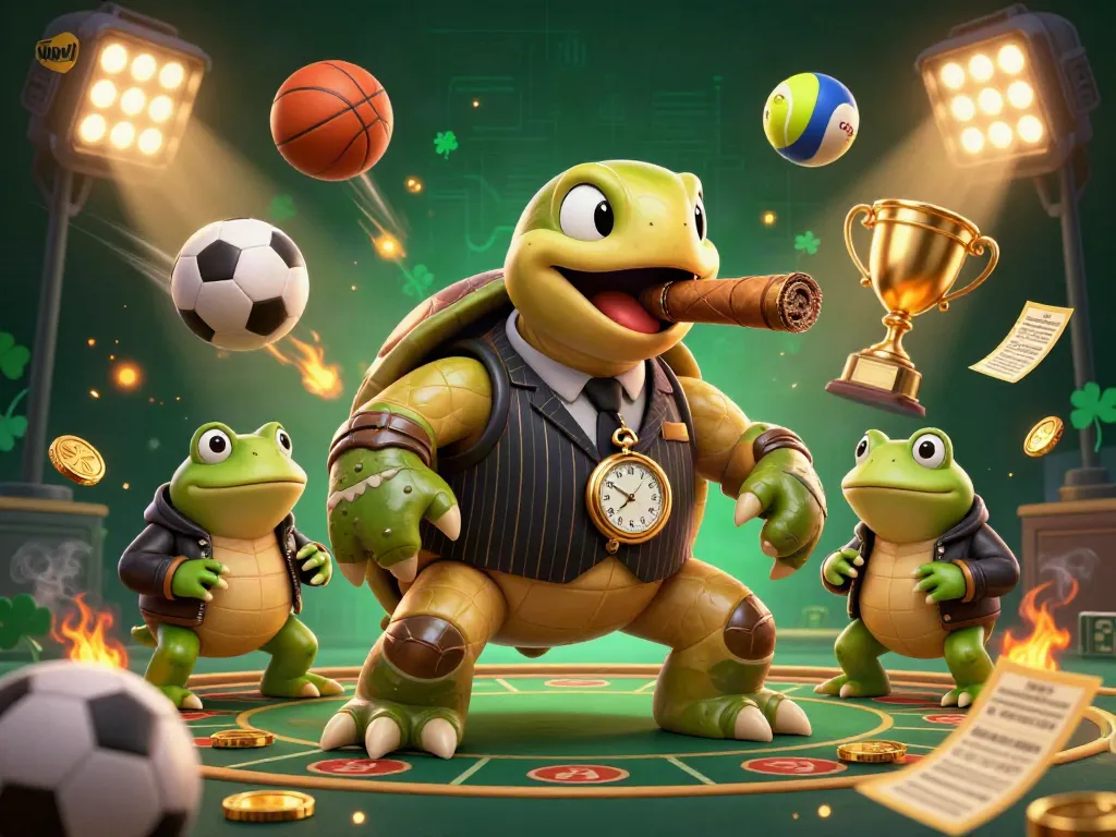 Celebrate wins at vipwin with a vibrant casino-themed 3D illustration featuring a turtle mobster and bullfrogs.