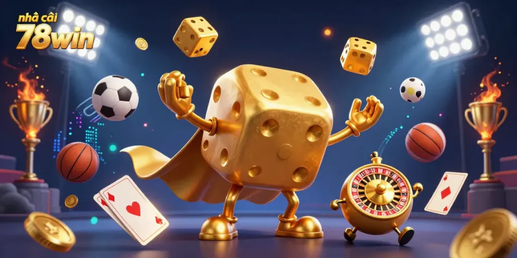 Experience the excitement of betting at nhà cái 78win with animated golden dice, dynamic sports elements, and rich casino imagery.