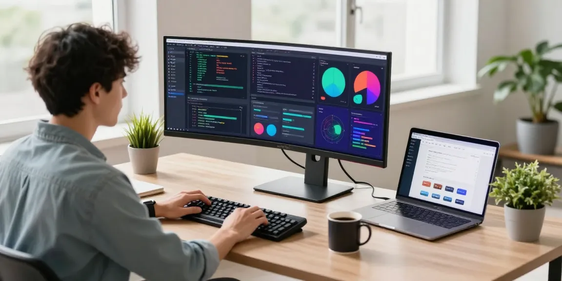 快连 network optimization showcased in a vibrant tech workspace with dual monitors and coding.